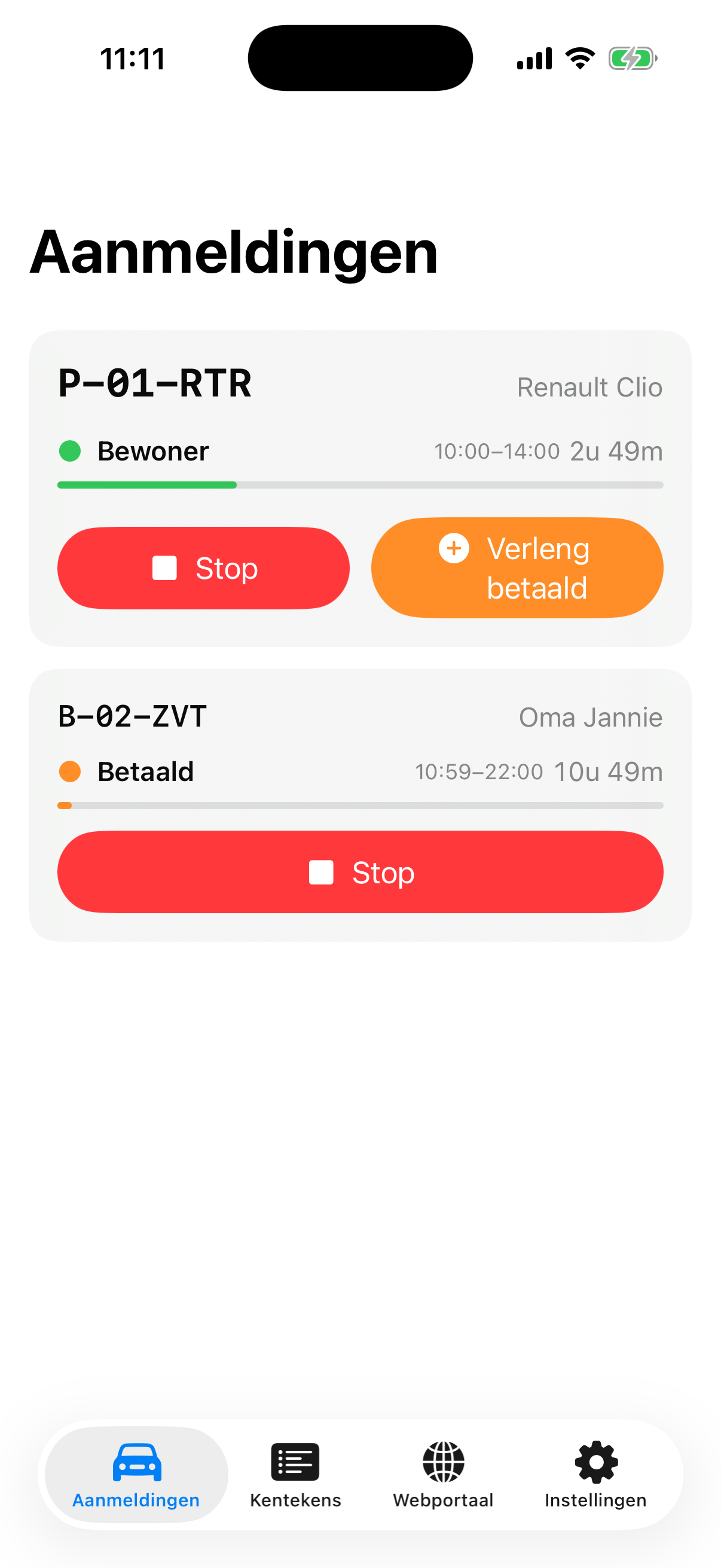Portier app met actieve parkeersessies